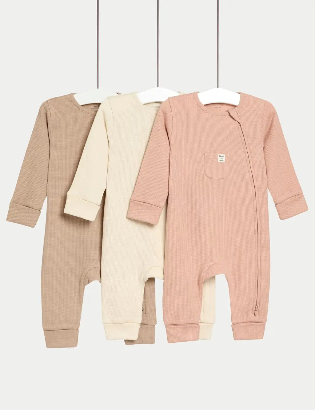 3pk Pure Cotton Waffle Zip Sleepsuits (6½lbs-3 Yrs)