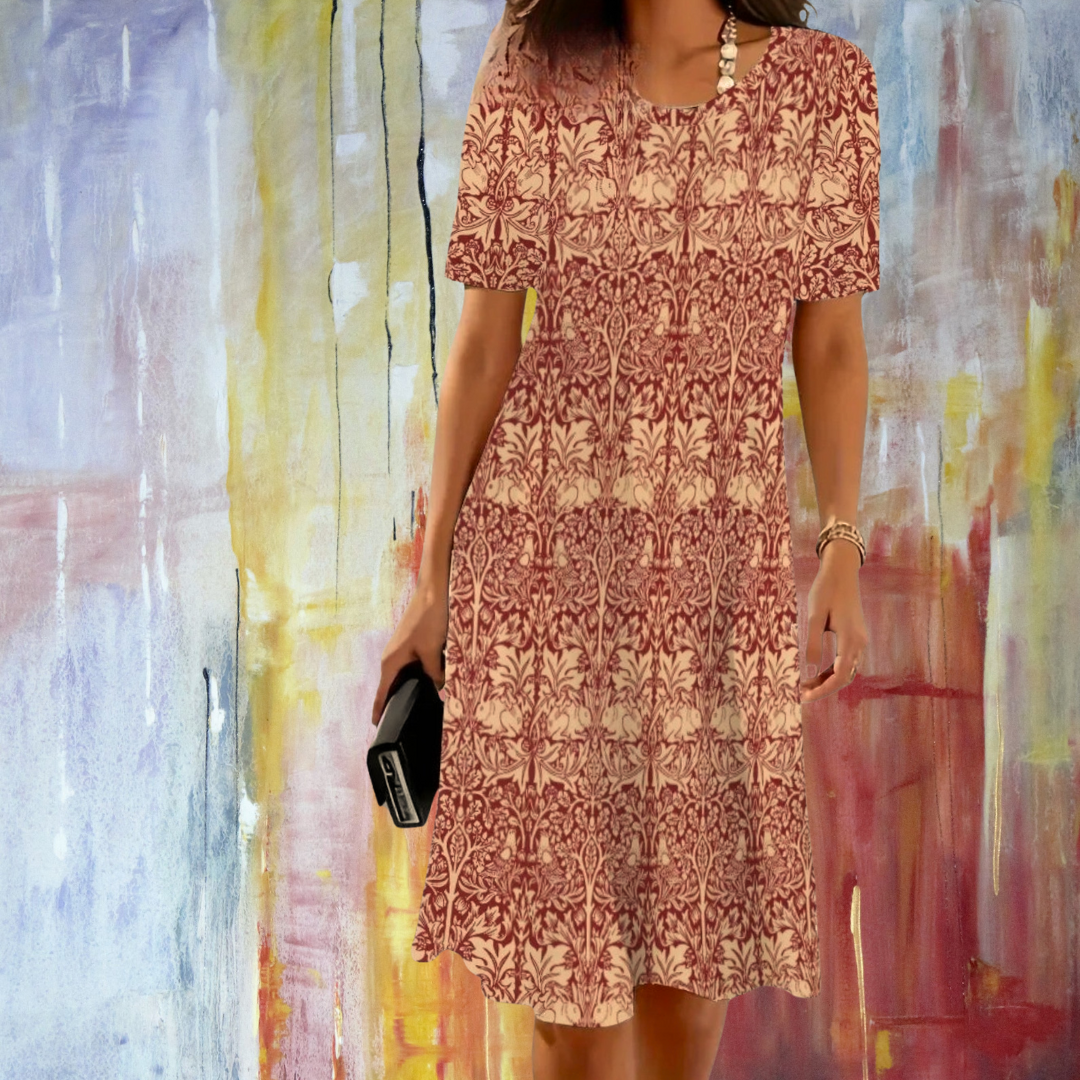 Boho 3D Flower & Feather Print Dress – Women's Loose Fit Summer Mini Dress with Short Sleeves