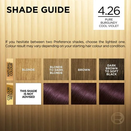 L'Oréal Préférence 4.26 Pure Burgundy Cool Violet Permanent Hair Colour - Fade-Defying Luminous Shine for All Hair Types