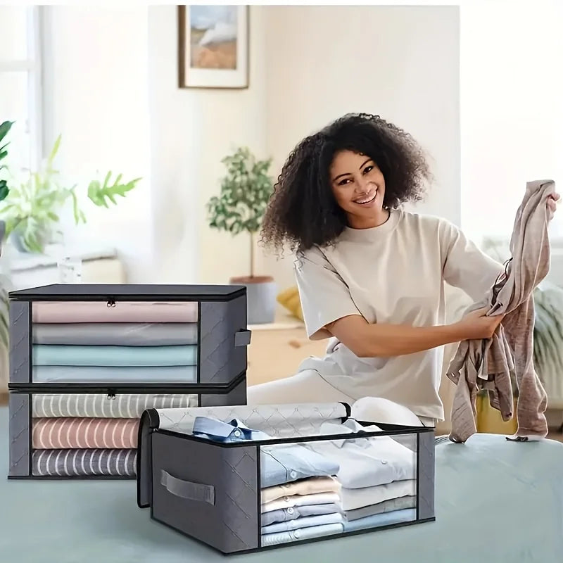 4 Pack Foldable Clothes Storage Bags 48cm Grey Organiser Boxes Window Zip Box