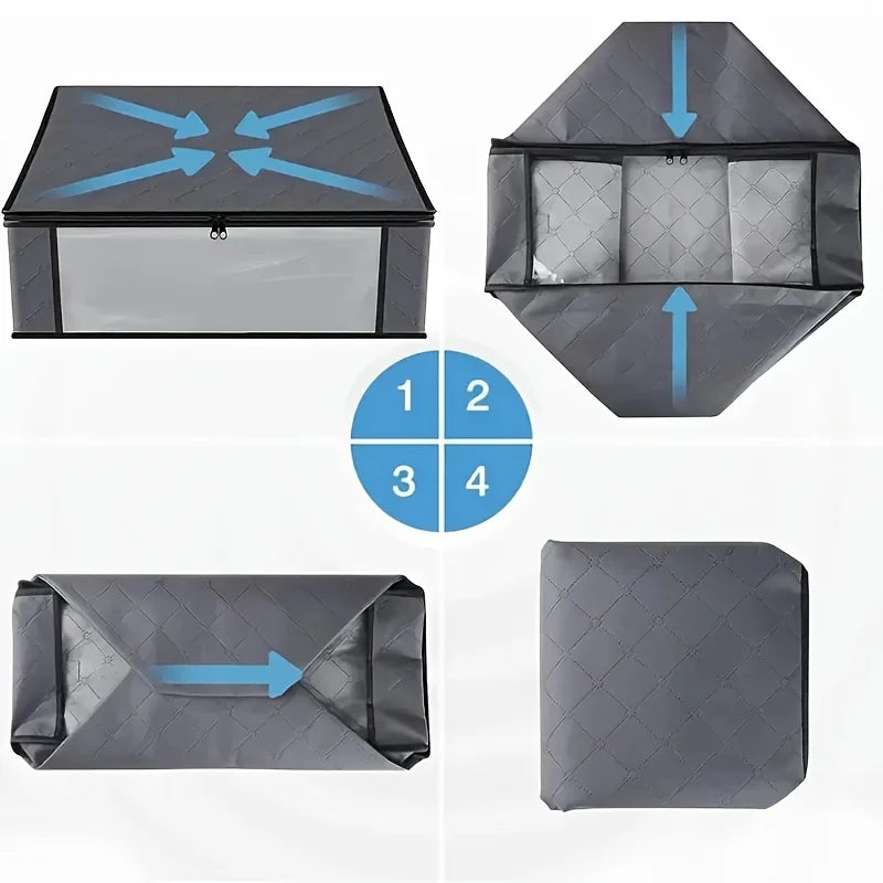 4 Pack Foldable Clothes Storage Bags 48cm Grey Organiser Boxes Window Zip Box