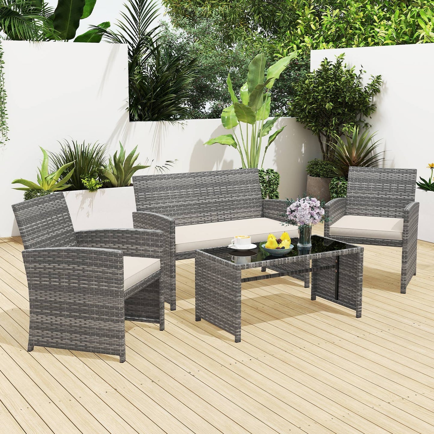 4 Piece Patio Conversation Set Rattan Chair Loveseat and Table Set with Seat Cushions-Grey