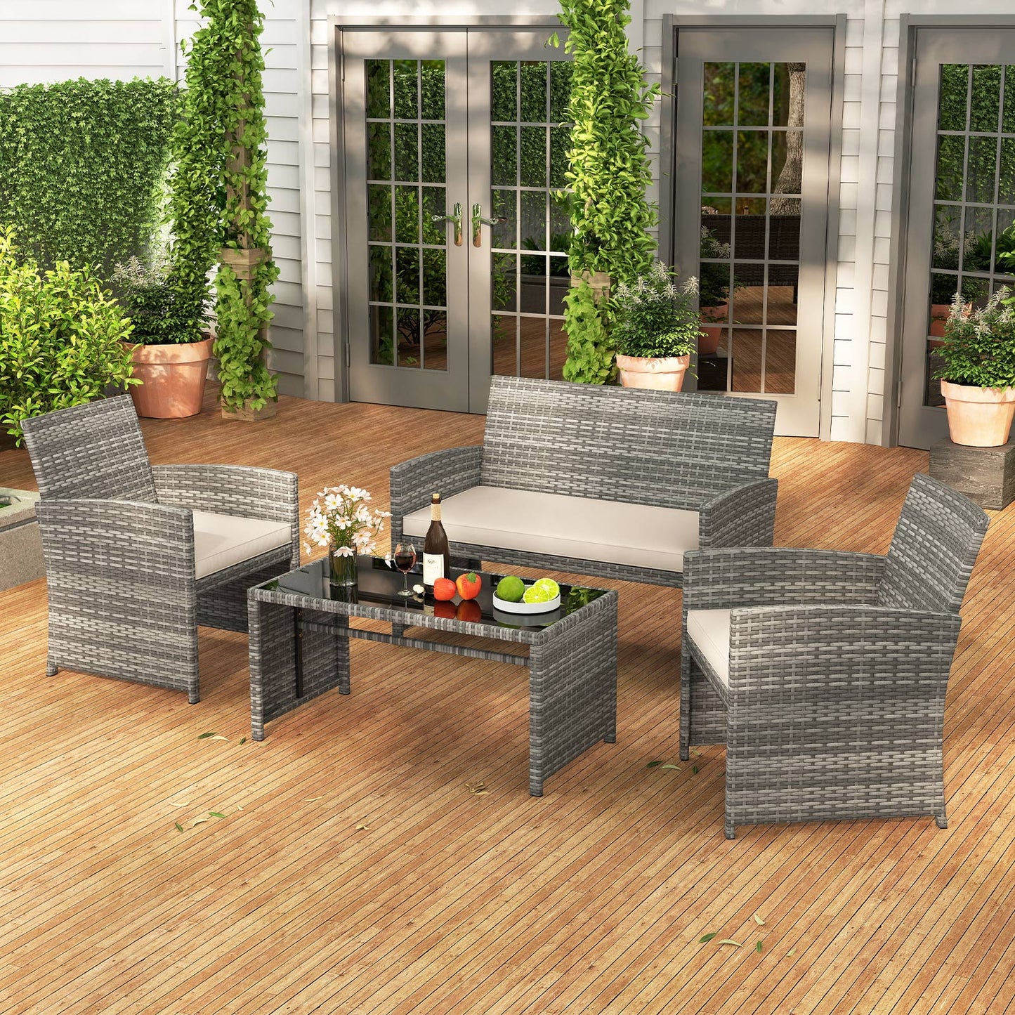 4 Piece Patio Conversation Set Rattan Chair Loveseat and Table Set with Seat Cushions-Grey