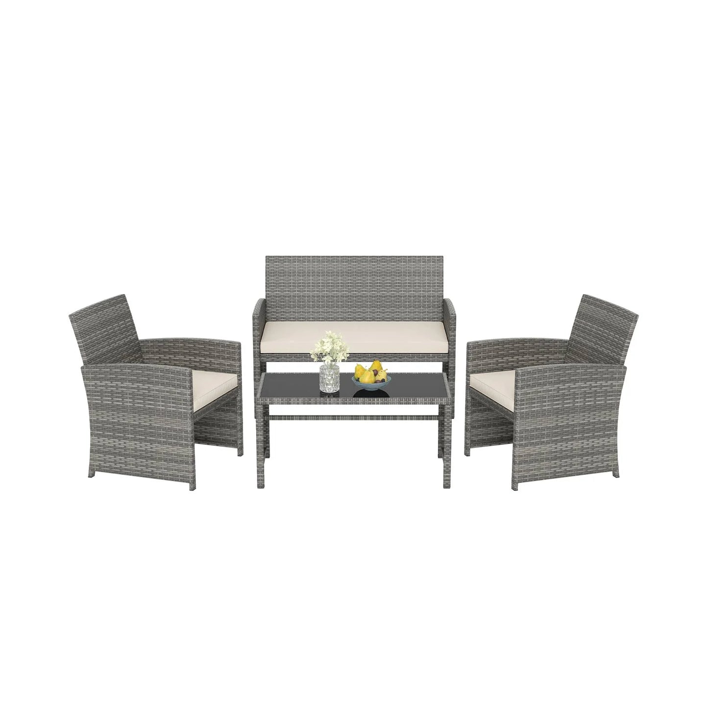 4 Piece Patio Conversation Set Rattan Chair Loveseat and Table Set with Seat Cushions-Grey