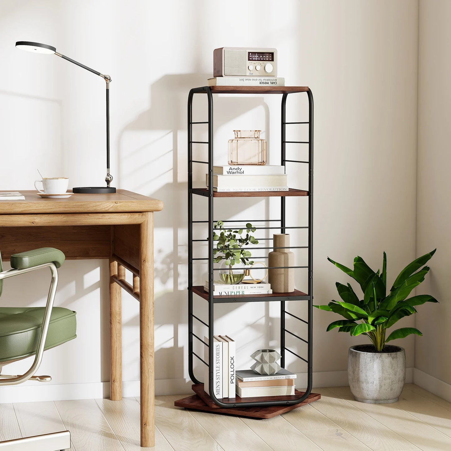 4-Tier Rotating Bookshelf 360° Spinning Bookcase Tower-Golden