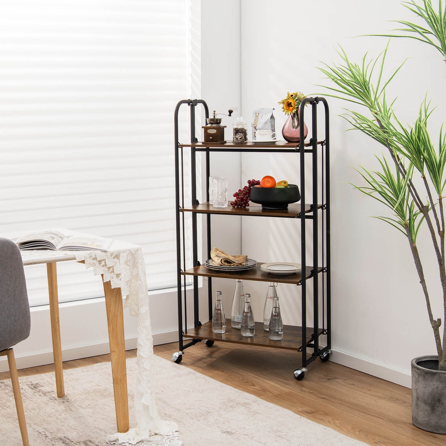 2-Tier Folding Kitchen Island Cart with Metal Frame