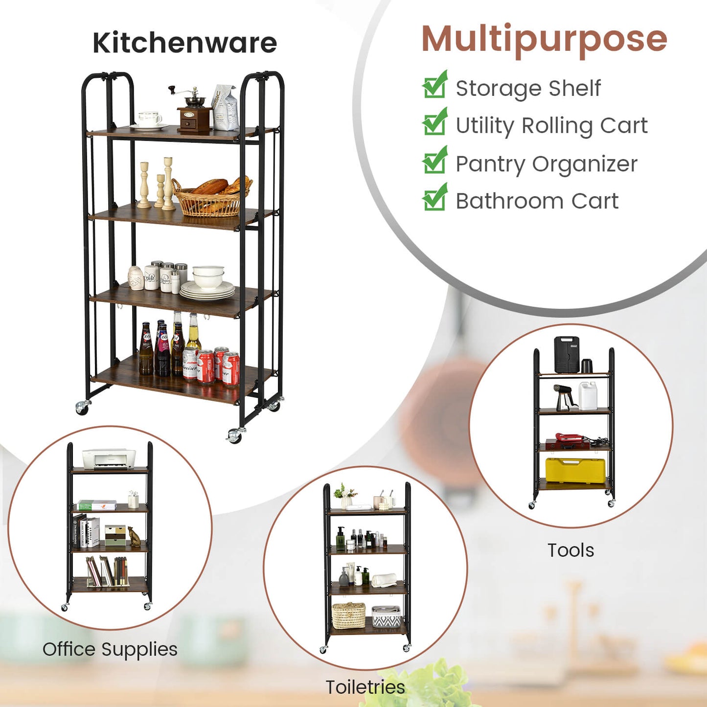 2-Tier Folding Kitchen Island Cart with Metal Frame