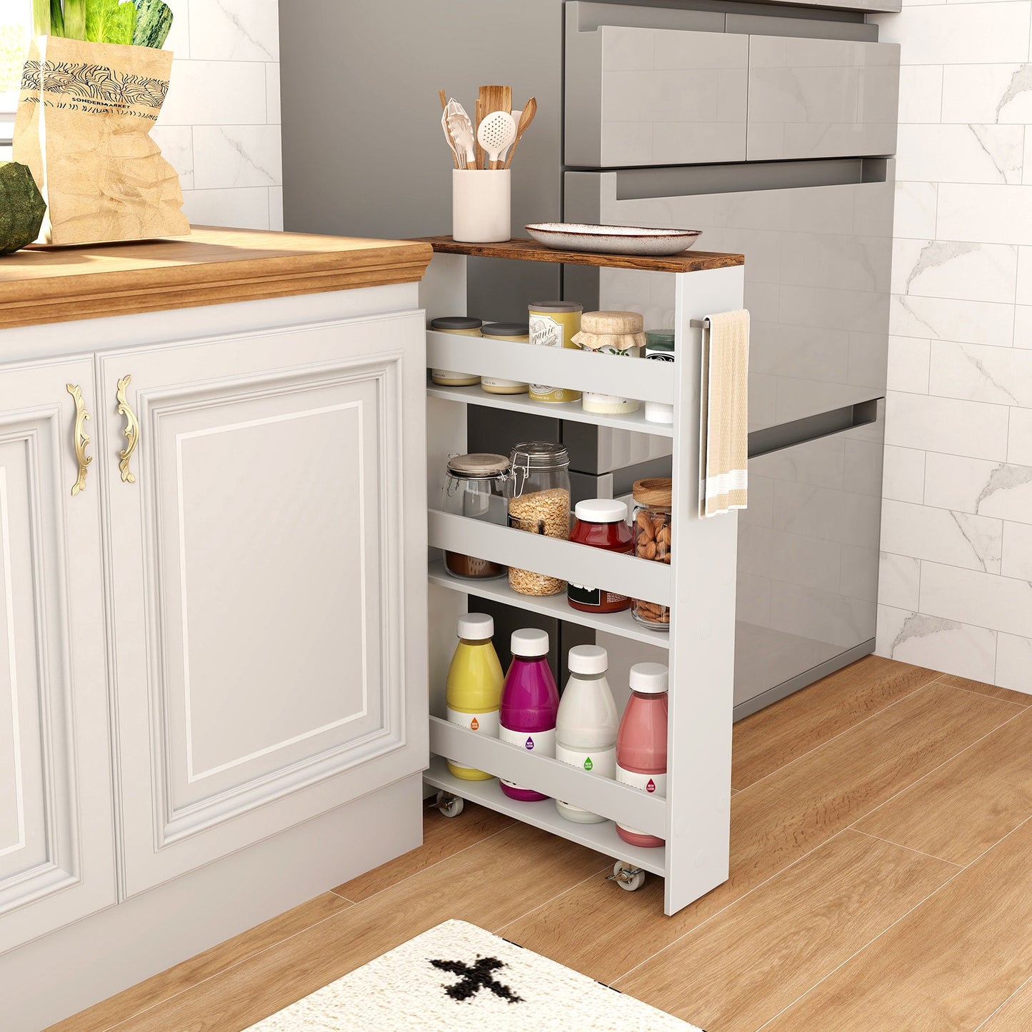 4-Tier Slim Storage Cart with Open Shelves and Wheels-Natural