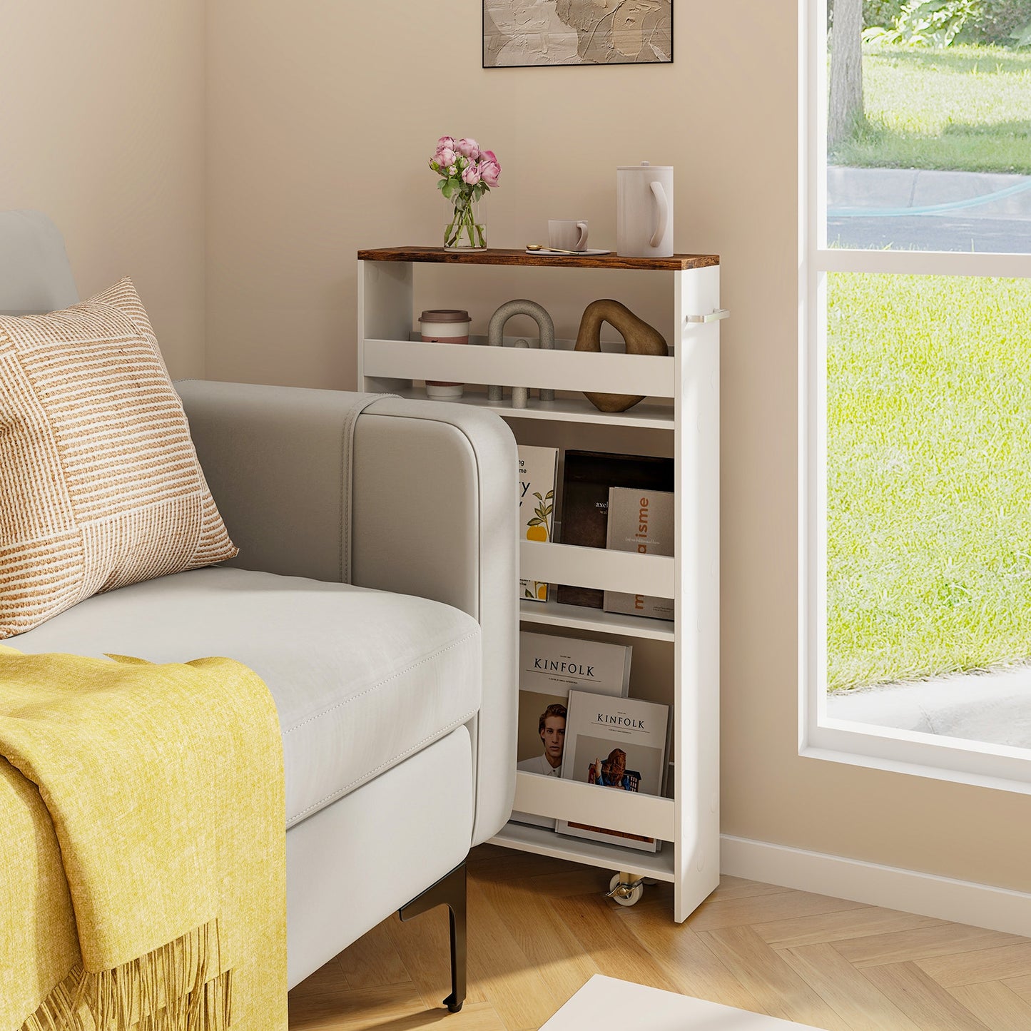 4-Tier Slim Storage Cart with Open Shelves and Wheels-Natural