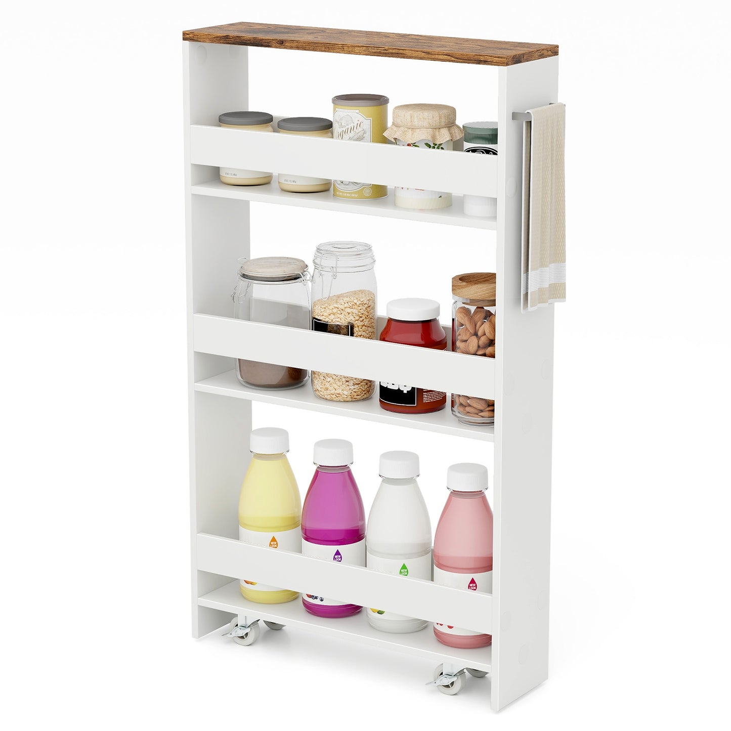 4-Tier Slim Storage Cart with Open Shelves and Wheels-Natural