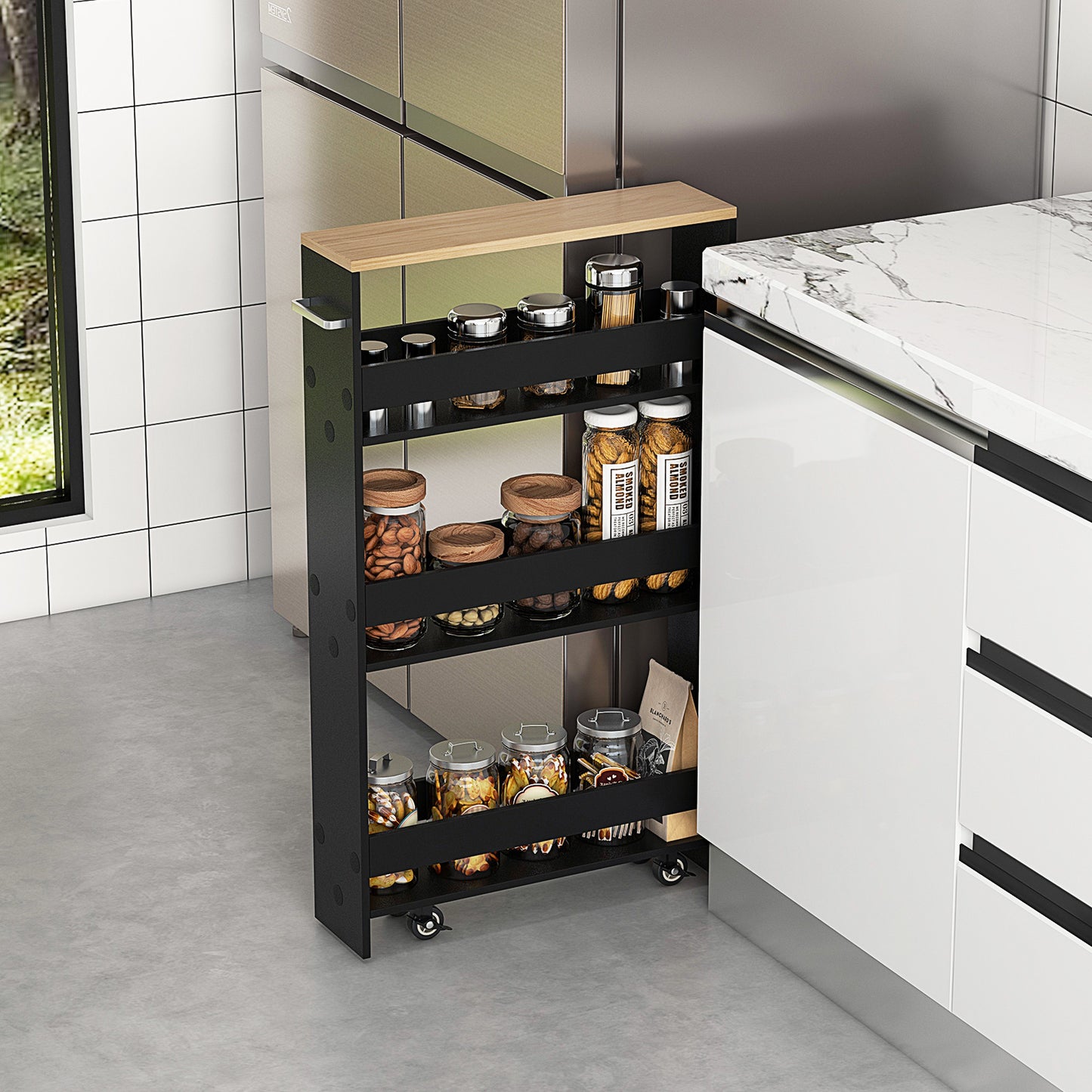 4-Tier Slim Storage Cart with Open Shelves and Wheels-Natural