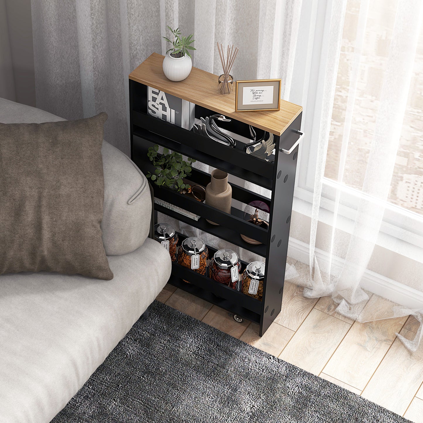 4-Tier Slim Storage Cart with Open Shelves and Wheels-Natural