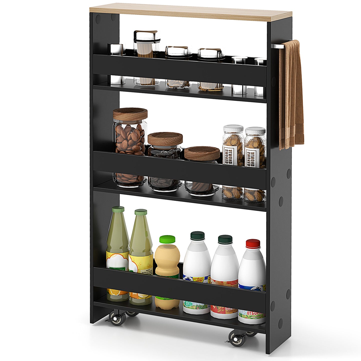 4-Tier Slim Storage Cart with Open Shelves and Wheels-Natural