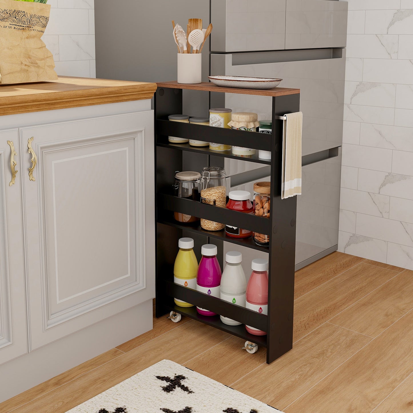 4-Tier Slim Storage Cart with Open Shelves and Wheels-Natural