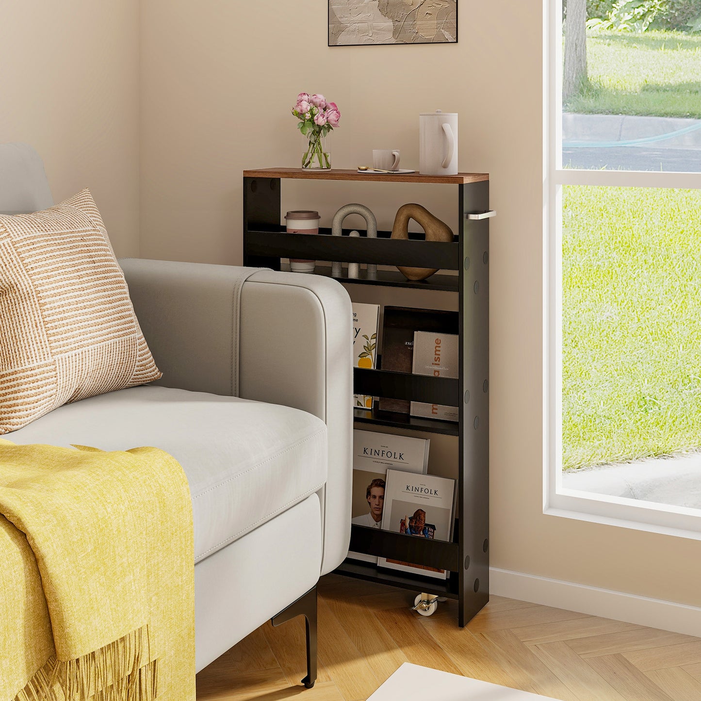 4-Tier Slim Storage Cart with Open Shelves and Wheels-Natural