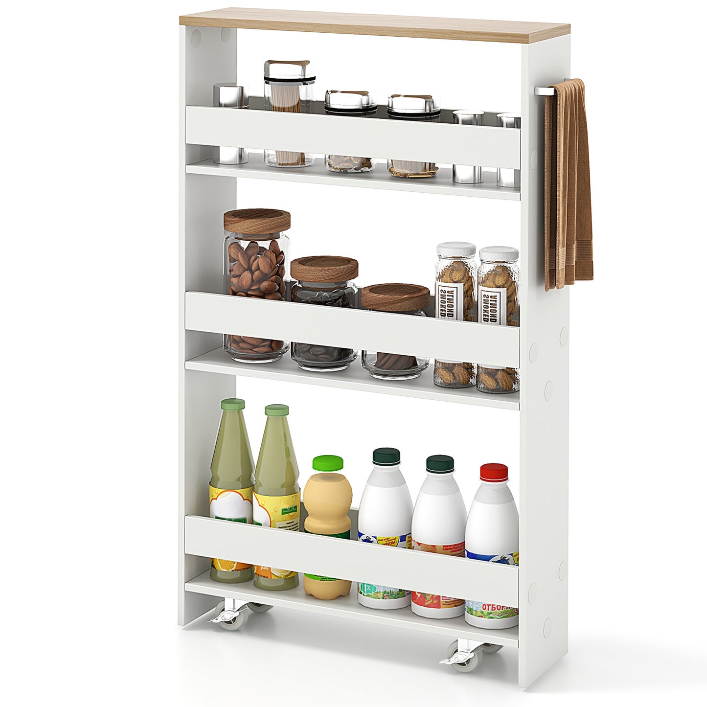 4-Tier Slim Storage Cart with Open Shelves and Wheels-Natural