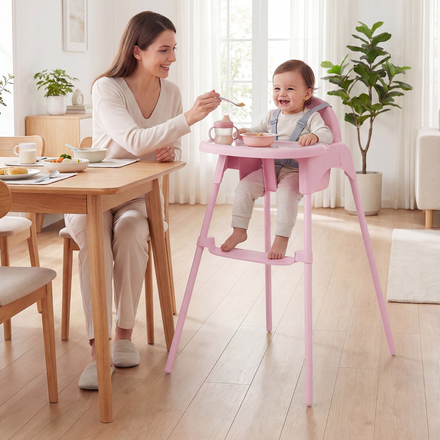 4-in-1 Convertible Baby High Chair with 2 Heights Removable Double Tray-Blue