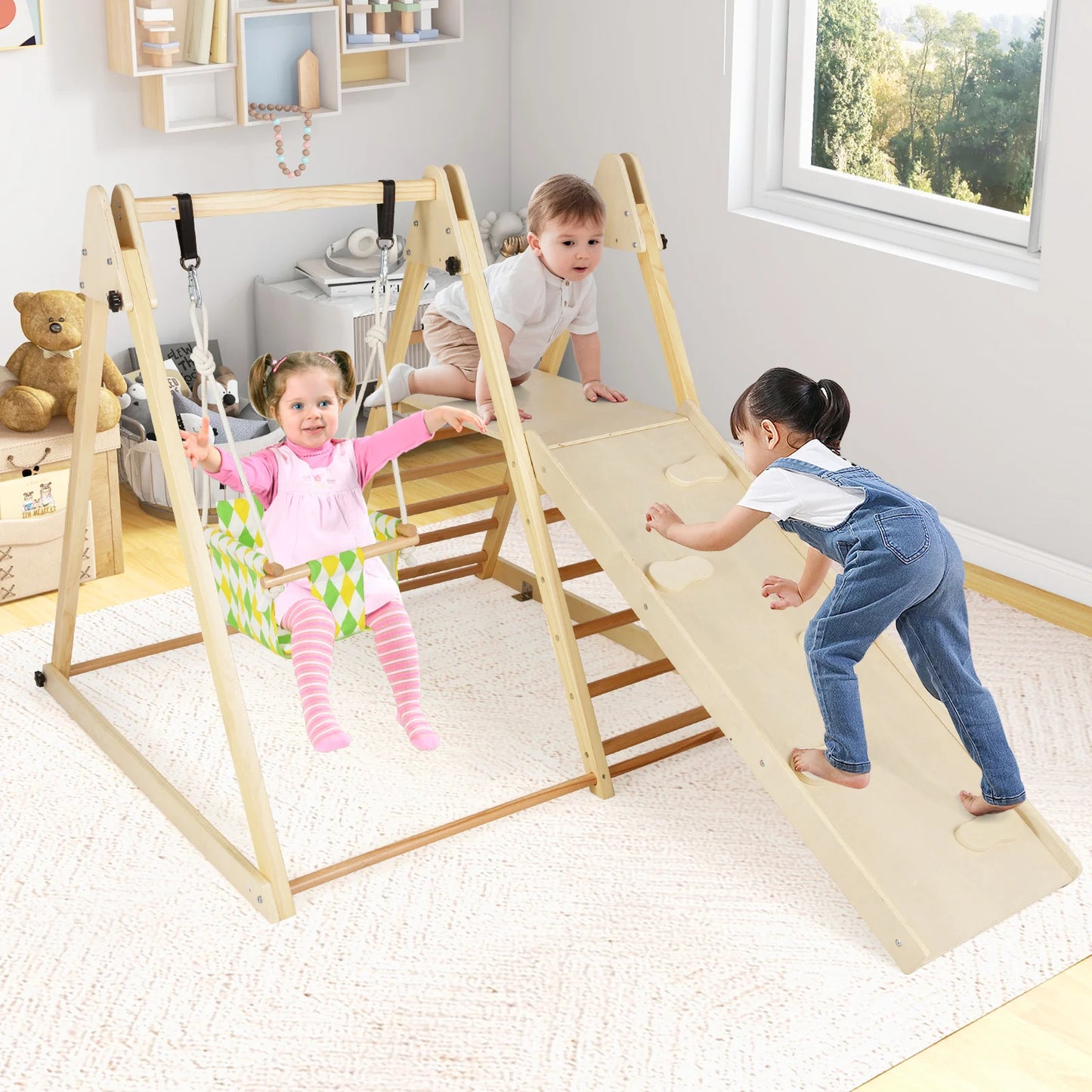 4-in-1 Kids Indoor Jungle Gym Playground with Baby Swing and Climbing Ramp-Multicolour