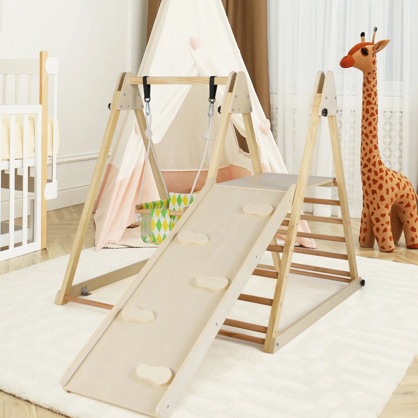 4-in-1 Kids Indoor Jungle Gym Playground with Baby Swing and Climbing Ramp-Multicolour