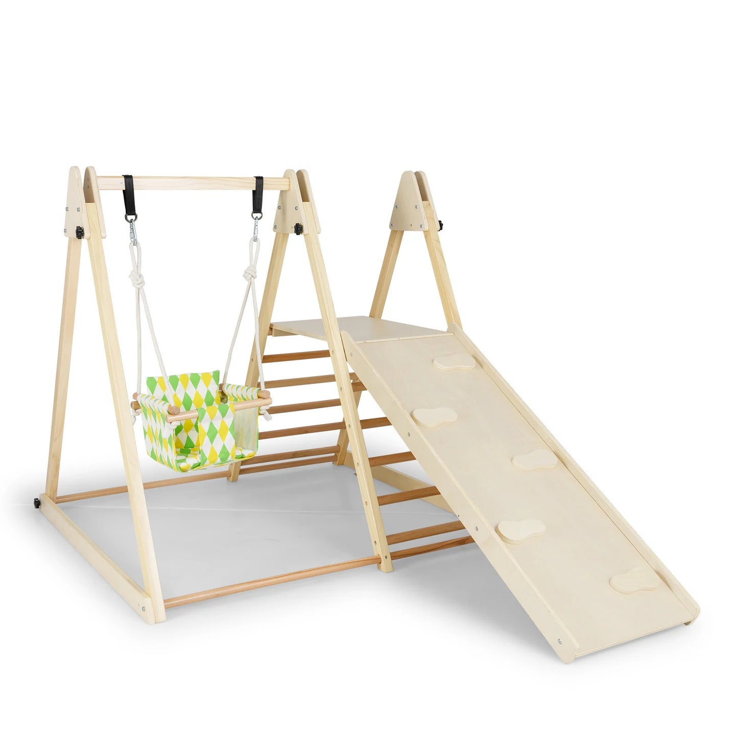 4-in-1 Kids Indoor Jungle Gym Playground with Baby Swing and Climbing Ramp-Multicolour