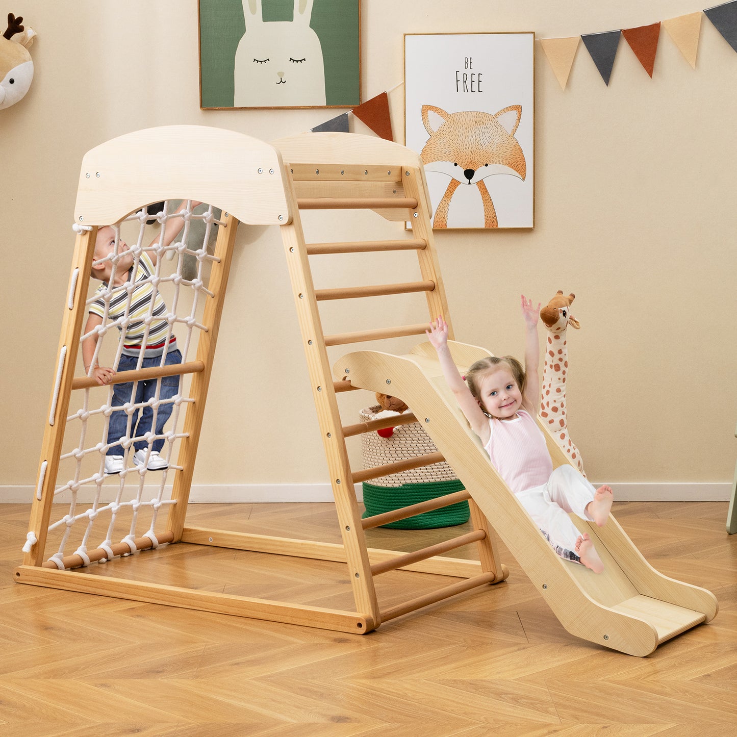 4-in-1 Jungle Gym Wooden Indoor Toddler Playground with Slide-Colourful