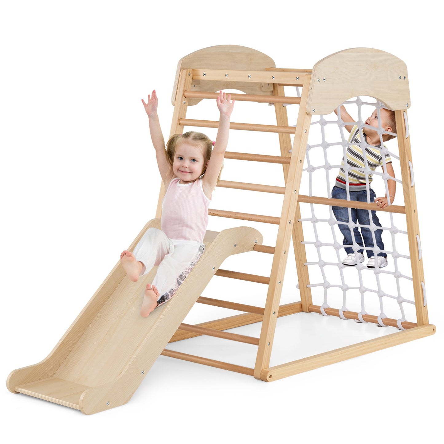 4-in-1 Jungle Gym Wooden Indoor Toddler Playground with Slide-Colourful