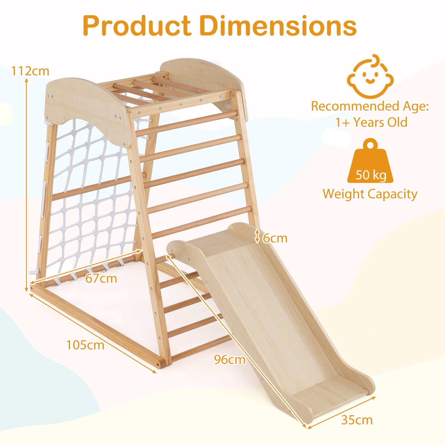 4-in-1 Jungle Gym Wooden Indoor Toddler Playground with Slide-Colourful