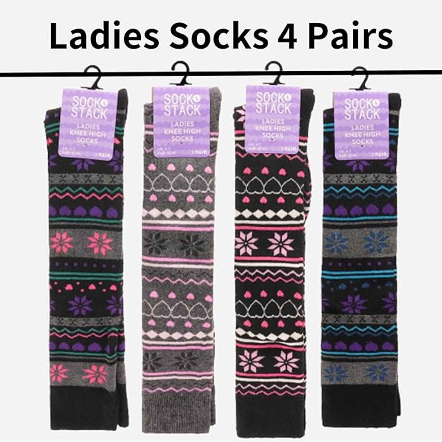 Sock Stack Ladies Ski Boot Socks Knee Length 4 Pairs Cotton Rich Full Cushioning Thermal