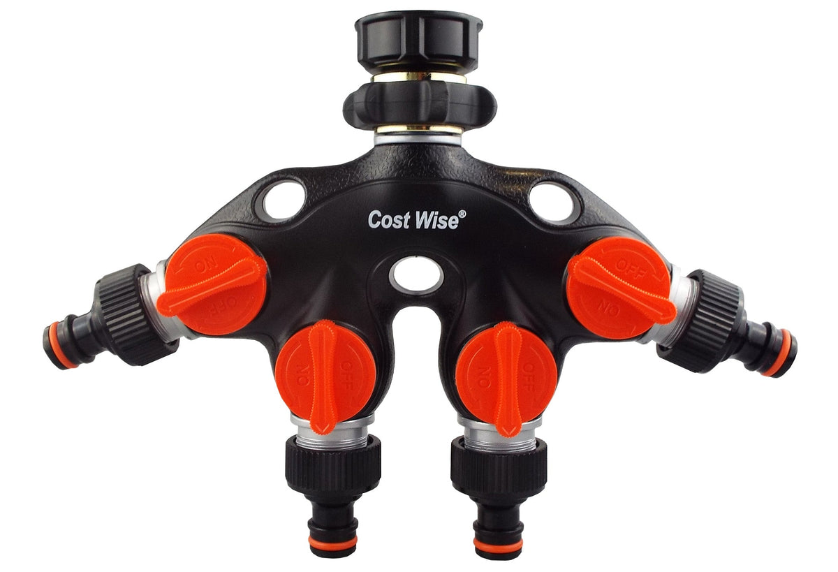 4 Way Tap Connector with Valves Metal