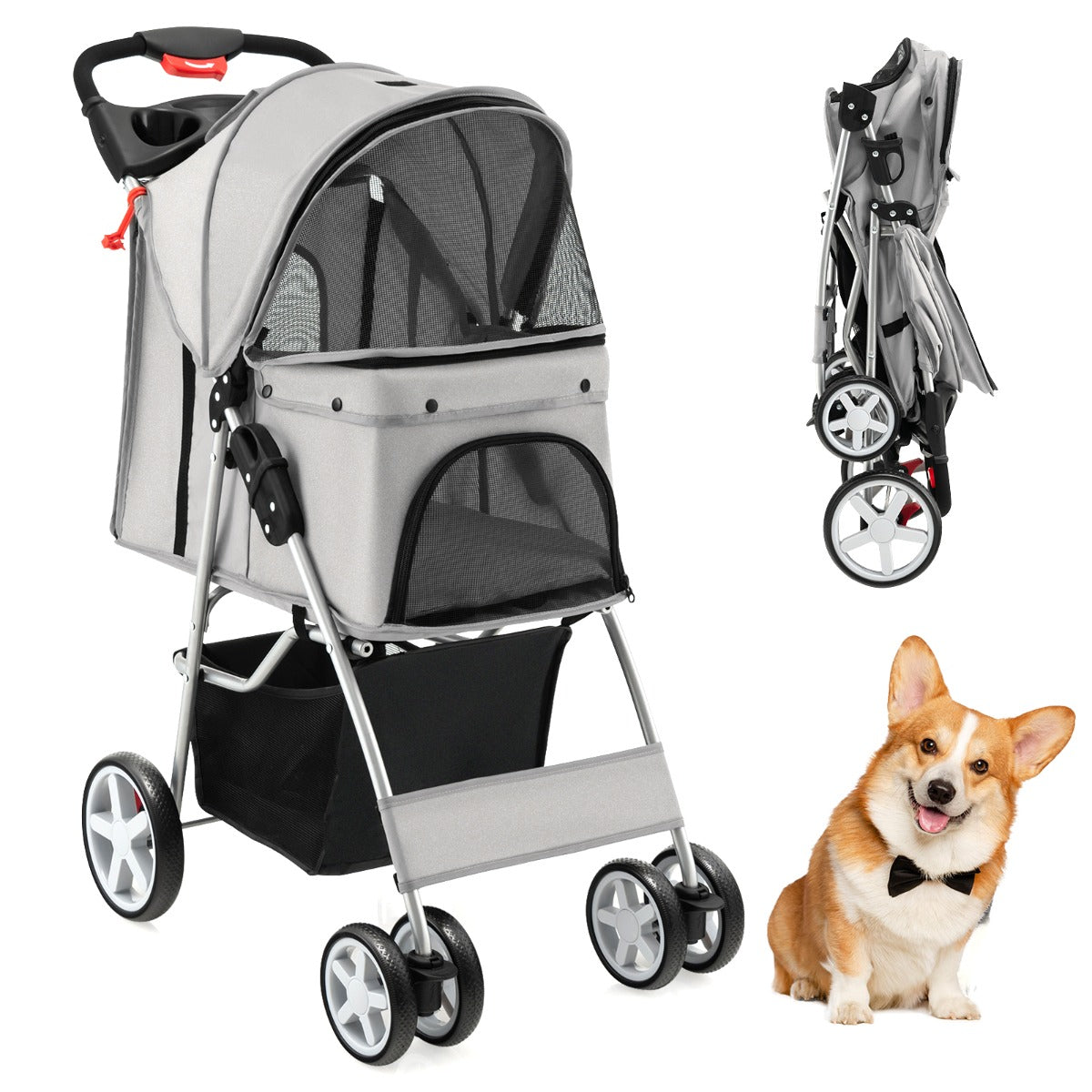 4-Wheel Folding Pet Stroller with Storage Basket and Adjustable Canopy-Beige