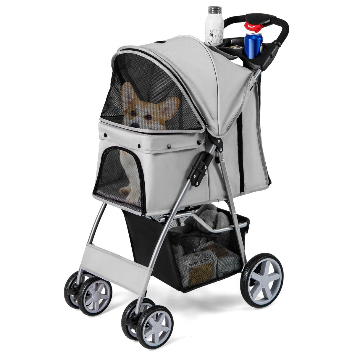 4-Wheel Folding Pet Stroller with Storage Basket and Adjustable Canopy-Beige