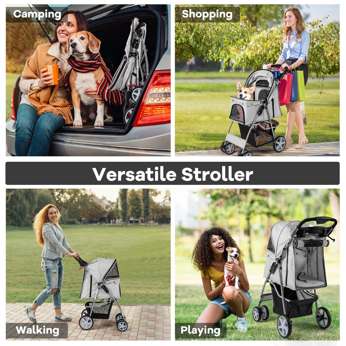 4-Wheel Folding Pet Stroller with Storage Basket and Adjustable Canopy-Beige