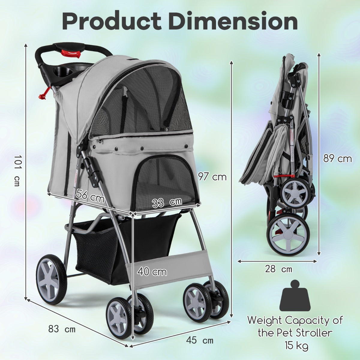 4-Wheel Folding Pet Stroller with Storage Basket and Adjustable Canopy-Beige