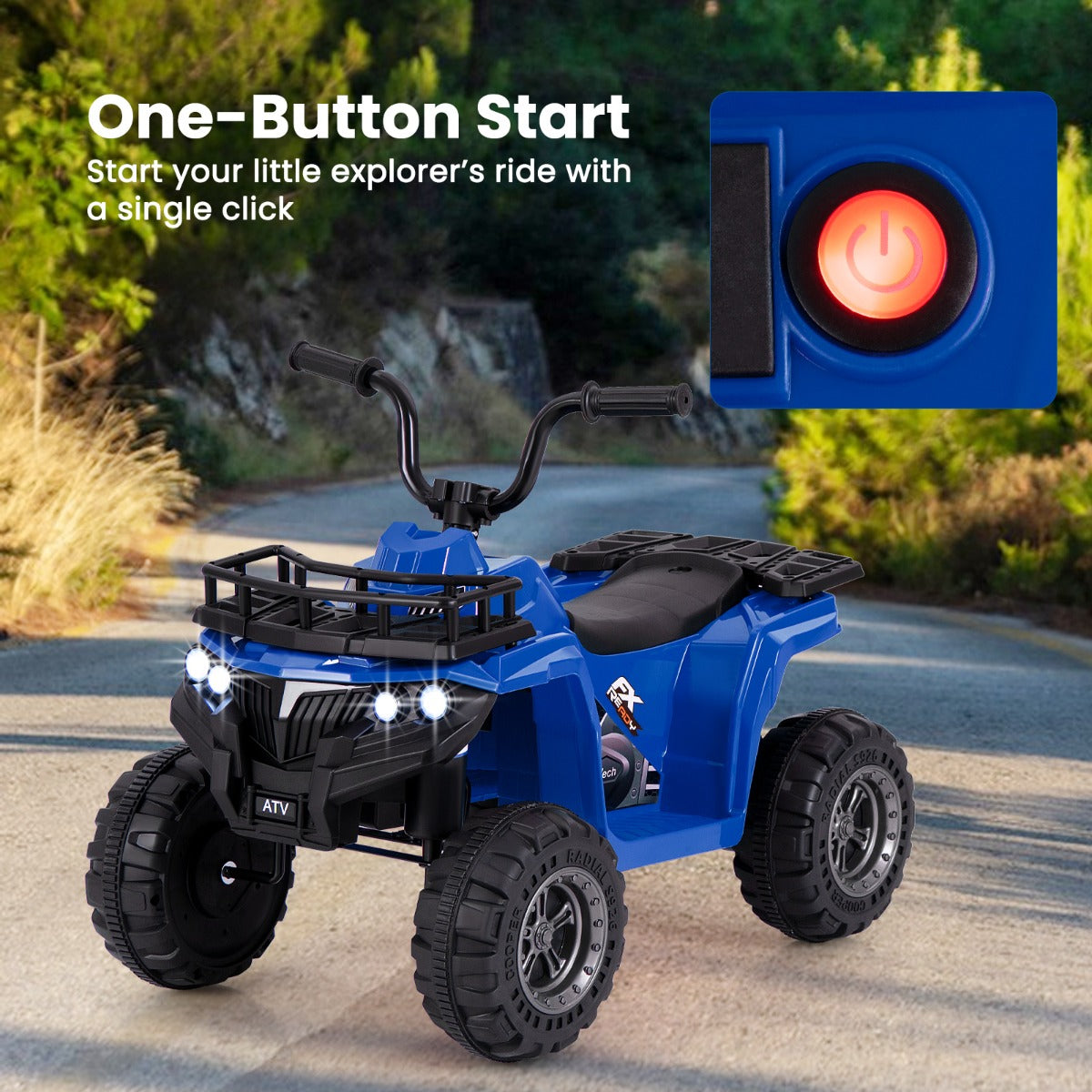 6V 4-Wheeler Quad Car with One-Button Start and Tread Tires-Black