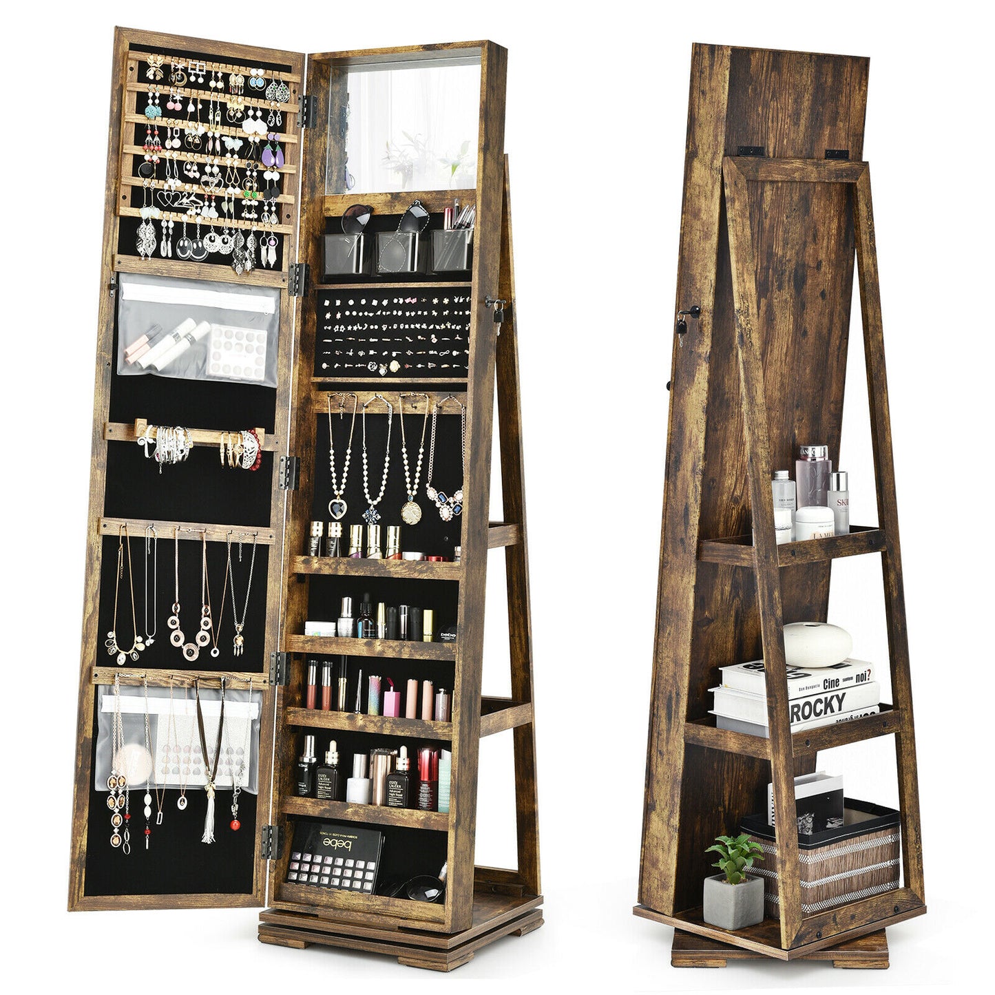 Full Length Mirrored Jewellery Cabinet Rotates 360° with Open Display Shelves-Brown