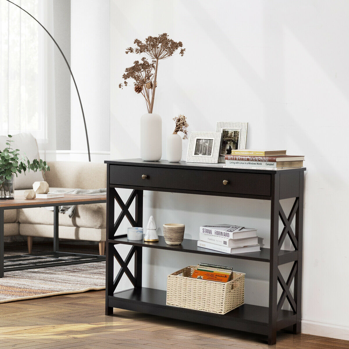 3-Tier Console Table with 1 Drawer and 2 Storage Shelves-Turquoise