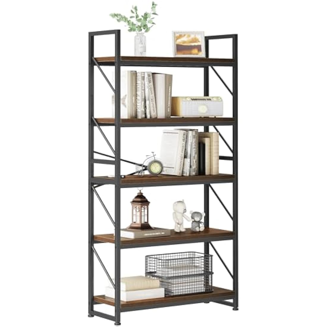 YITAHOME Bookcase 5 Tiers, Industrial Book Shelf Large Floorstanding Book case Wooden Shelf and Metal Frame Shelving Unit Display Storage Rack for Living Room, Home Office, Rustic Brown Bookshelf