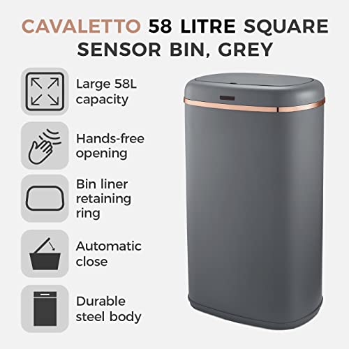 Tower T838010GRY Cavaletto Square Sensor Bin, 58L, Grey and Rose Gold