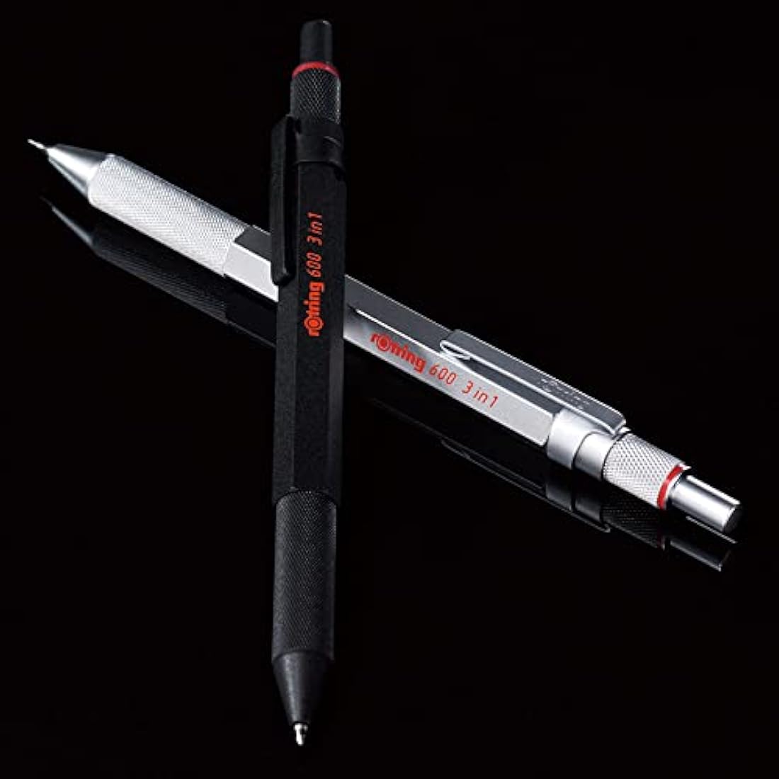 rOtring 600 3-in-1 Multicolour Pen and Mechanical Pencil | Black & Red Ballpoint Pen Tips | 1 Mechanical Pencil Tip (0.5mm) | Silver Barrel