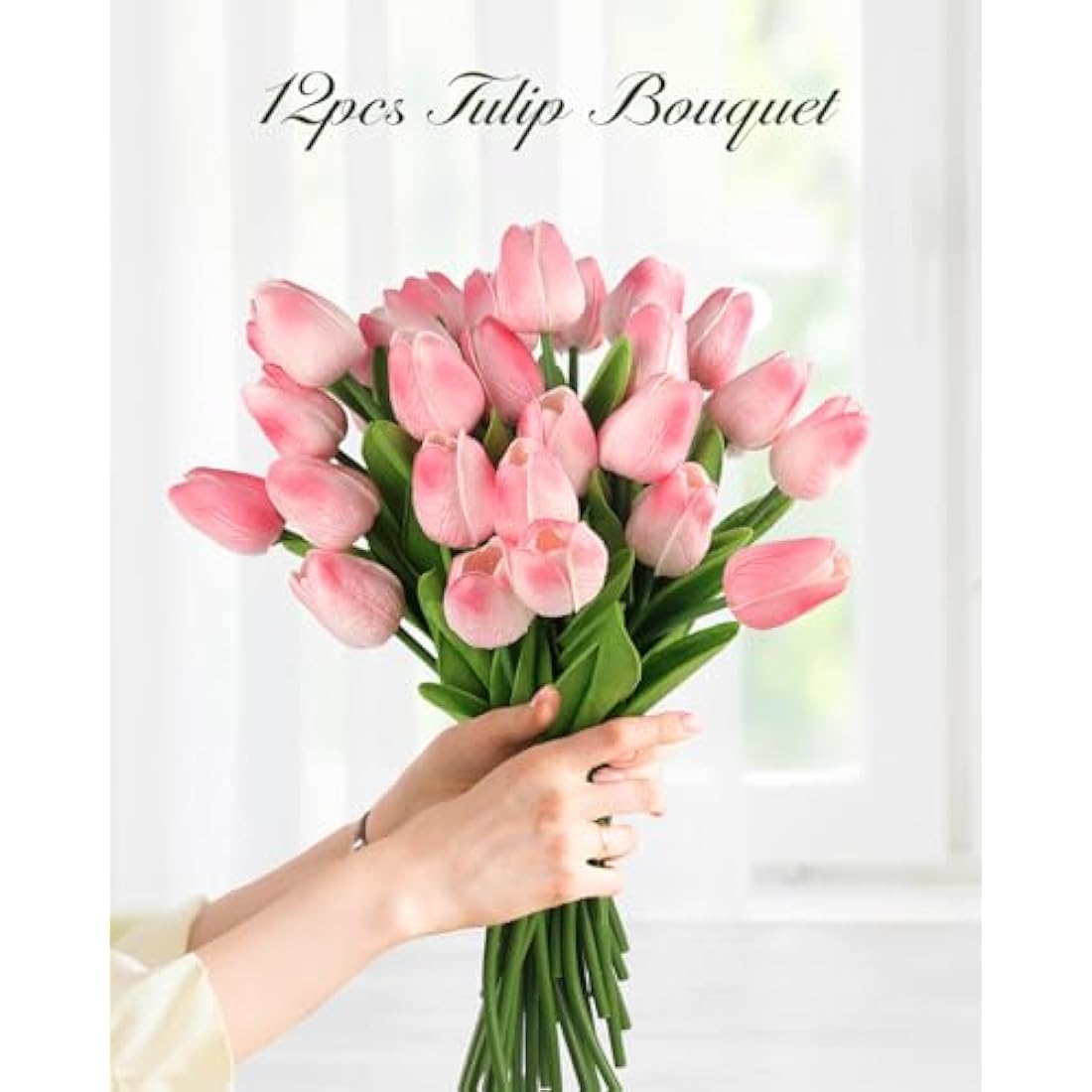 N&T NIETING Artificial Tulips Flowers, 12Pcs Fake Tulip Real Touch Latex Faux Tulips Flowers Bouquet for Wedding Floral Arrangements Mother's Day Home Easte Decorations(Light Pink)
