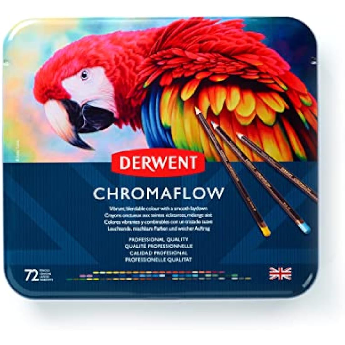 Derwent Chromaflow Pencils, Set of 72 in Tin, 3.5mm Round, Premium Core Strength, Blendable with Smooth Texture, Ideal for Drawing, Colouring & Layering, Professional Quality, 2306014
