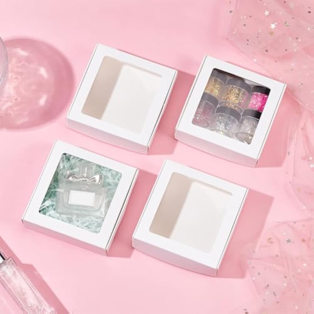 BENECREAT 16Packs 10.5x10.5x3cm Clear PVC Square Window Gift Boxes, White Kraft Paper Present Packing Boxes for Party Favor Treats, Cookies, Small Gifts or Crafts