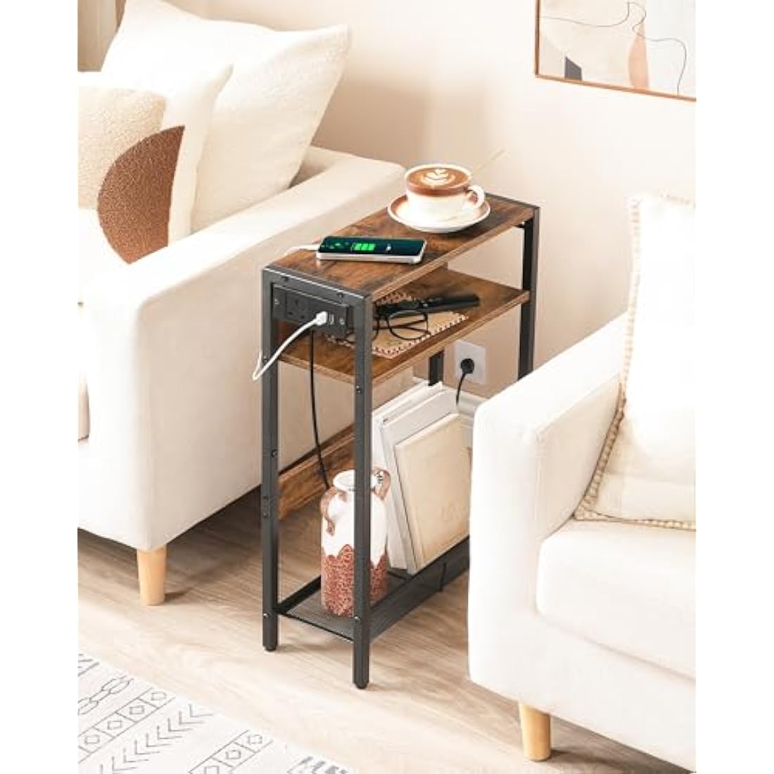 CHOEZON Side Table with Charging Station, Narrow End Table, Slim Nightstand for Small Space, Skinny Beside Table with Storage, for Living Room, Bedroom, Rustic Brown and Black DTBZ05KBF