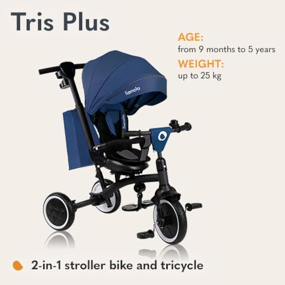 Lionelo Tris Plus 2in1 Kids' Tricycle Convertible Stroller Trike from 9 Months to 5 Years/25kg with Adjustable 360° Swivel Seat, Sun Canopy, Parent Control Handle Safety Features PU wheels Accessories