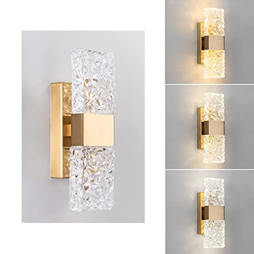 KRIPINC Crystal LED Wall Light, Water Ripple Design Wall Lamp, Gold Wall Lights, Up and Down Wall Lights, Crystal Wall Sconce for Living Room,