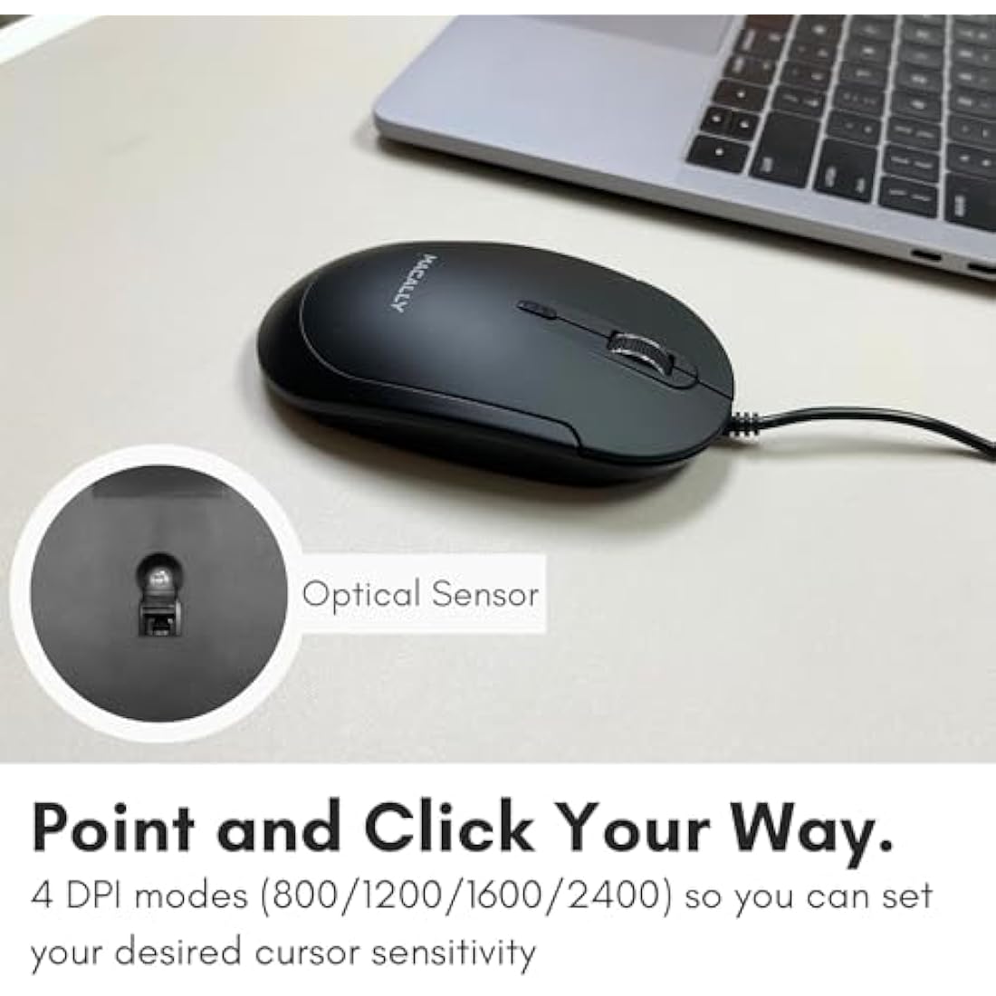 Macally Silent Wired Mouse - Slim & Compact USB Mouse for Apple Mac or Windows PC Laptop/Desktop - Designed with Optical Sensor & DPI Switch - Simple & Comfortable Wired Computer Mouse (Black)