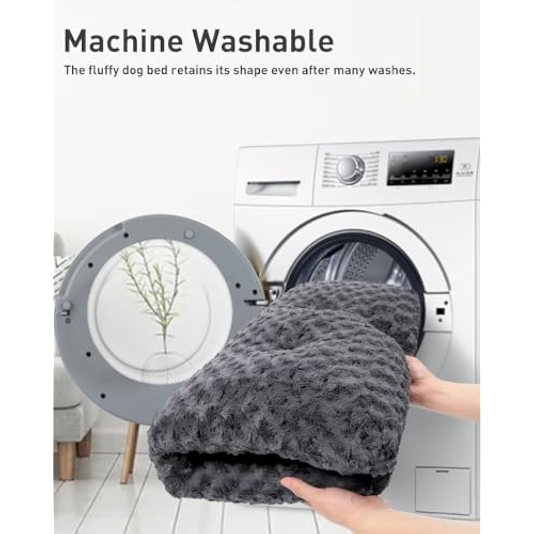 KSIIA Large Dog Bed Washable, Calming Crate Mattress with Non Skid Bottom, Fluffy Anti Anxiety Dog Beds, Pet Pillow Cushion, Dark Grey, 90x60x8cm