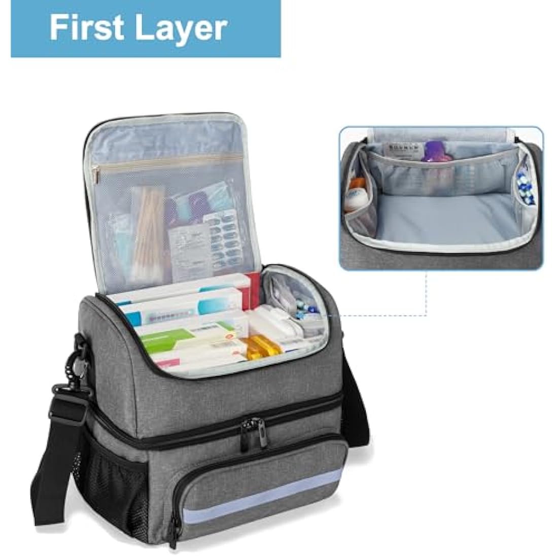 CURMIO Double Layer Medicine Storage Bag Empty, Family First Aid Organiser for Emergency Medical Kits, Portable Medicine Supplies Bag for Home and Travel, Grey