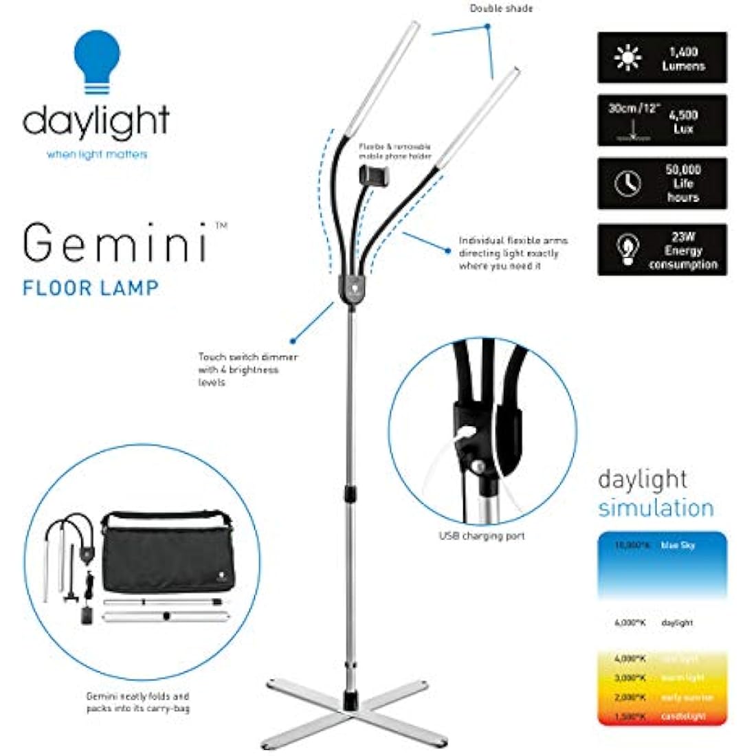 Daylight Company Gemini Floor Lamp, 2 Strobe Lamp, 4 Brightness Levels, Social Media, Nails, Salon, Beauty, Office and Much More - 4,500 LUX - 1,400 Lumen, Silver