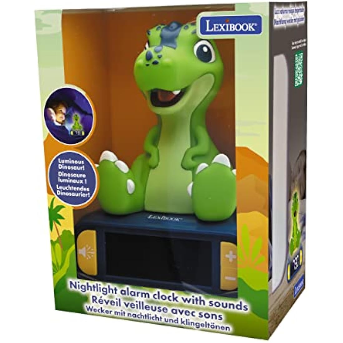 LEXIBOOK, Dinosaur, Nightlight alarm clock, Sounds and Melodies, LCD Backlit screen, Luminous, Snooze, Blue/Green, RL800DINO
